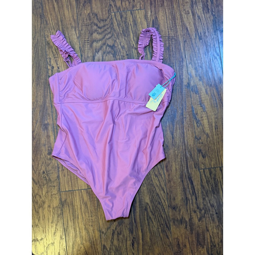 Kona Sol Womens Mauve Pink Ruffle Strap Tie Back One Piece Swimsuit XL NWT
